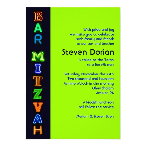 NEON GREEN SIGNS Bar Bat Mitzvah Invitation (front side)