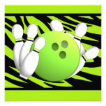 Neon Green Zebra Stripe Bowling Party Custom Invites