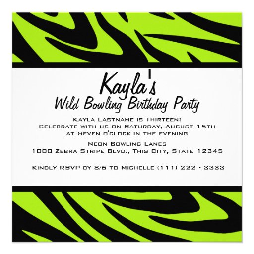 Neon Green Zebra Stripe Bowling Party Custom Invites