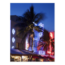 Neon hotel at night, Ocean Drive, South Miami Beac Postcard