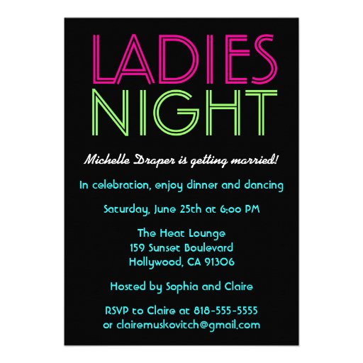 Neon Ladies Night Card Announcements (front side)