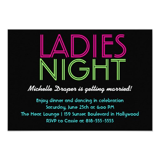 Neon Ladies Night Card Custom Announcements (front side)