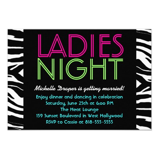 Neon Ladies Night Card zebra Invitations