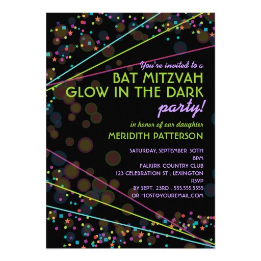 Neon Lights Bat Mitzvah Glow in the Dark Party Personalized Announcement