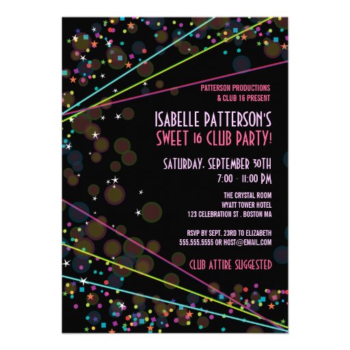 Neon Lights Sweet 16 Club Party Invitation (front side)