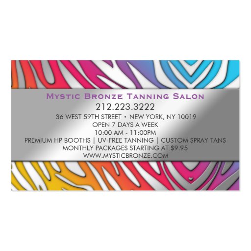Neon Pink & Blue Zebra Print Tanning/Salon Business Card Templates (back side)