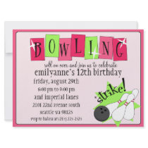 Neon Pink & Green Totally Retro Bowling Birthday P Personalized Invitation