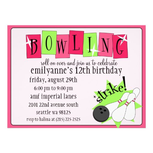 Neon Pink & Green Totally Retro Bowling Birthday P Personalized Invitation