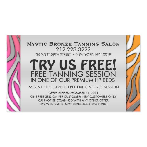 Neon Pink & Orange Zebra Business Coupon Cards Business Card Template (back side)
