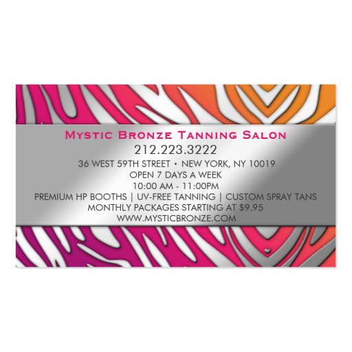 Neon Pink & Purple Zebra Print Tanning/Salon Business Card (back side)