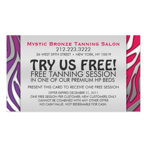 Neon Purple & Pink Zebra Business Coupon Cards Business Cards (back side)
