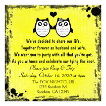 Neon yellow grunge owl punk wedding invitations