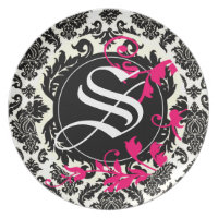 Neopolitan Damask Monogram black white fuschia Dinner Plate