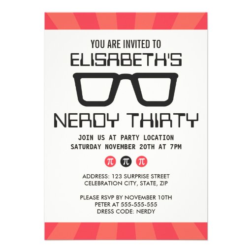 Nerdy thirty birthday party with geeky glasses personalized announcement (front side)