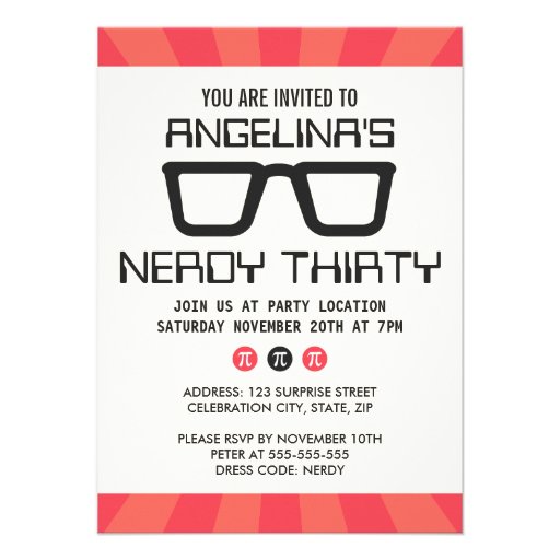 Nerdy thirty birthday party with geeky glasses announcements (front side)