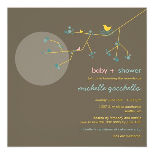 Nesting Bird Branch Moon Family Baby Shower Invite