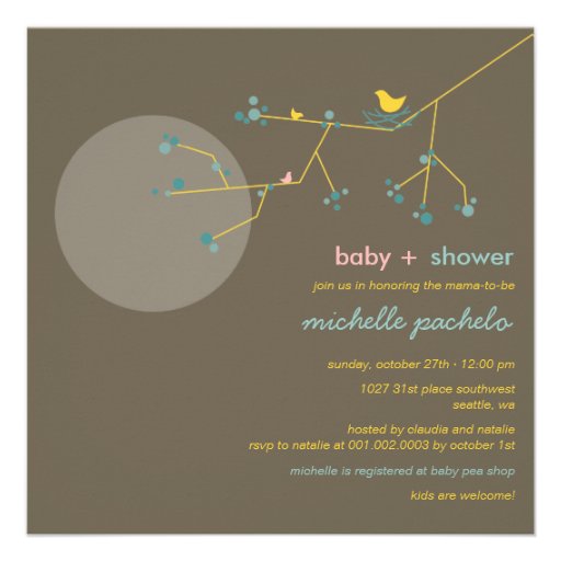Nesting Bird Family Branch Moon Baby Shower Invite