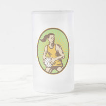 Netball player passing the ball woodcut mugs