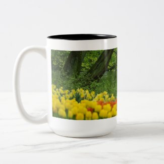 Netherlands, Lisse. White swans on pond amid Coffee Mug