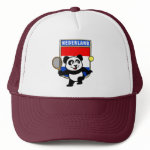 This adorable little panda loves to get out on the court and hits some balls. Panda plays in front of a large flag of the Netherlands. This is a great design for anyone who loves to play tennis, watch tennis or just loves cute pandas.