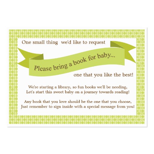 Neutral Baby Shower Book Insert Request Card Green Business Card (front side)