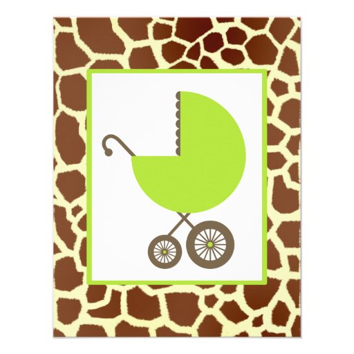 Neutral Baby Shower Green Carriage & Giraffe Print Invitation