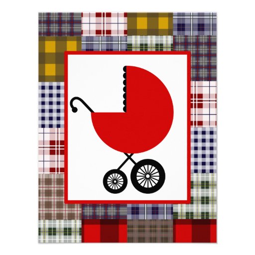 Neutral Baby Shower - Red Carriage & Plaid Custom Announcements