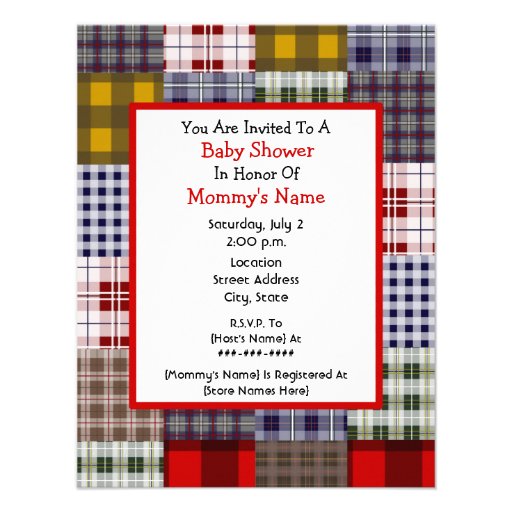 Neutral Baby Shower - Red Carriage & Plaid Custom Announcements
