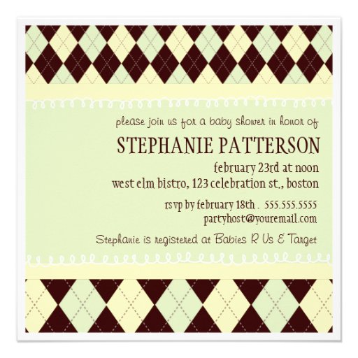 Neutral Green Argyle Baby on the Way Baby Shower Announcements