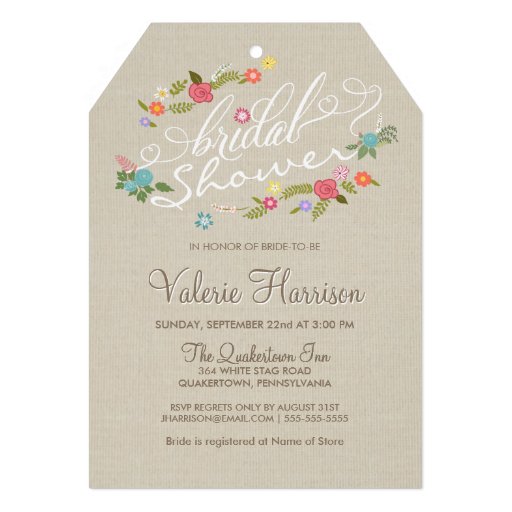 Neutral Linen-look Floral Wreath Bridal Shower Tag Custom Invitation