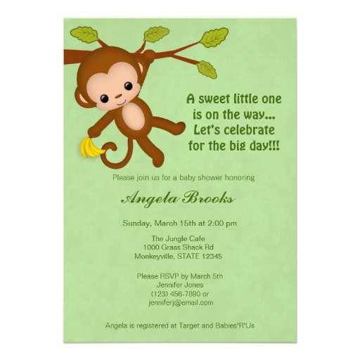 Neutral Monkey Baby Shower Invitations GREEN MM2 (front side)