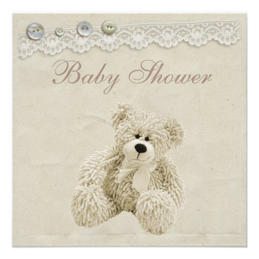 Neutral Teddy Bear Vintage Lace Baby Shower Custom Invites