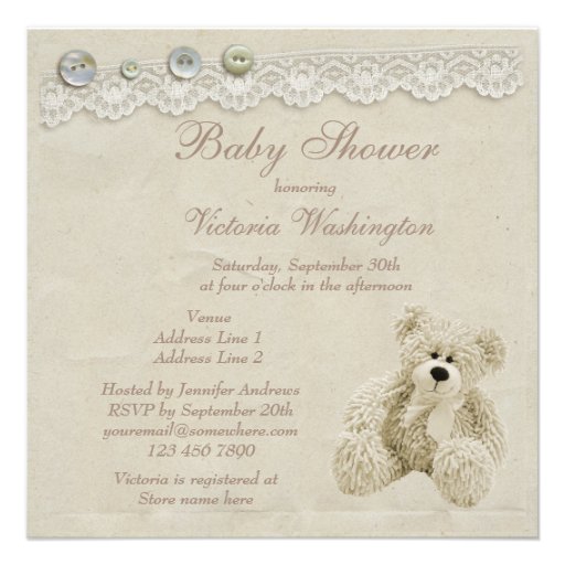 Neutral Teddy Bear Vintage Lace Baby Shower Custom Invites