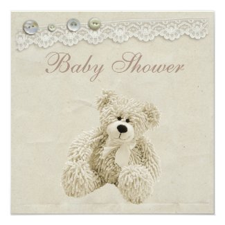 Neutral Teddy Bear Vintage Lace Baby Shower 5.25x5.25 Square Paper Invitation Card