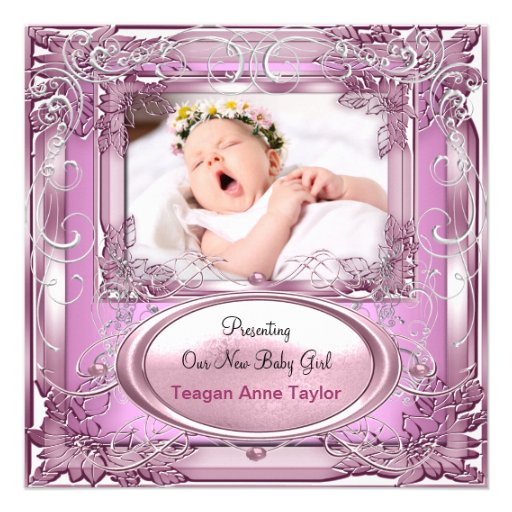 New Baby Girl Announcement Pink Silver