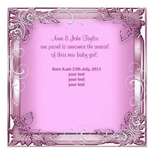 New Baby Girl Announcement Pink Silver