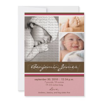 New Baby Photo Trio Birth Announcement (pink) invitation