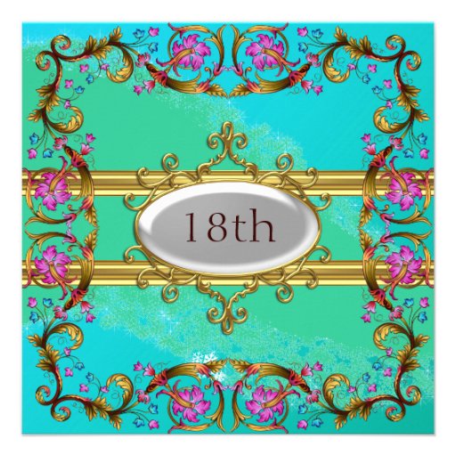 New Blue Teal Birthday Party Flower Frame Personalized Announcements
