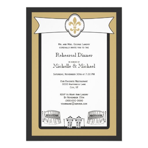 New Orleans Wedding Rehearsal Dinner Black Gold Announcements