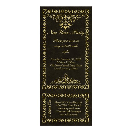 New Year Black and Gold Vintage Ticket Invitations (front side)