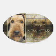 New Year - Golden Elegance - Airedale Oval Sticker