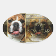 New Year - Golden Elegance - Bulldog Oval Sticker