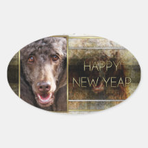 New Year - Golden Elegance - Poodle - Chocolate Oval Sticker