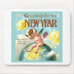 New Year Greetings Cherub Globe Vintage Postcard Mousepad