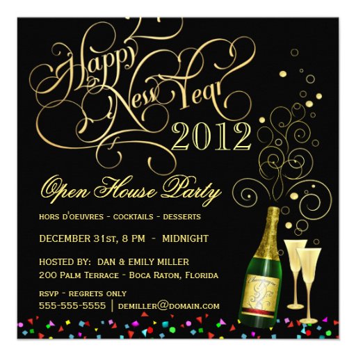 New Year's Eve Open House Party - Black and Gold Custom Invitation (front side)