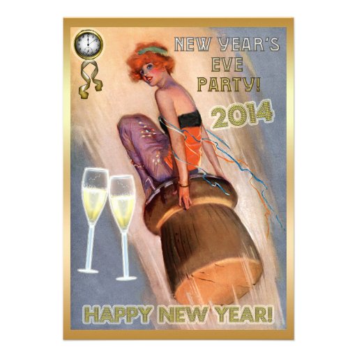 New Year's Eve Party Vintage Girl & Champagne Cork Personalized Announcement