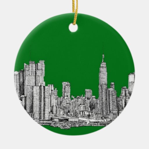 New York skyline ink in green Christmas Tree Ornaments