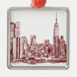 New York skyline red drawing Christmas Tree Ornament