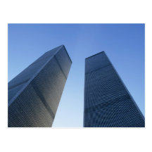 New York, USA. View up at twin towers of the Postcards