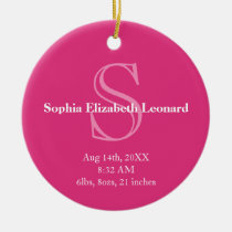 Newborn baby statistic monogram keepsake pink ornaments